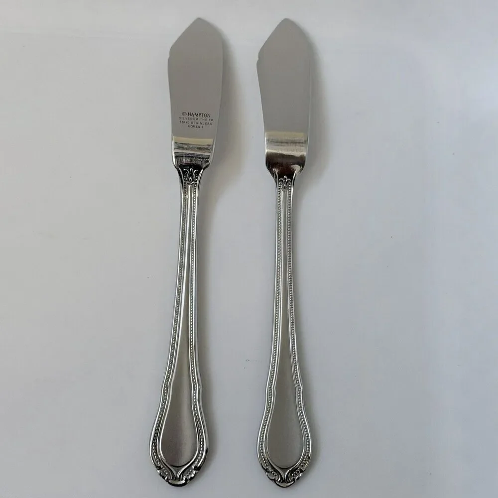 2pc Hampton Lauren Stainless Frosted Flat Handle Master Butter Knives 7” Korea